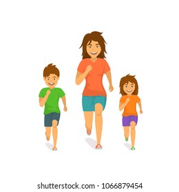 mother son and daughter running jogging together front view isolated cartoon vector illustration scene