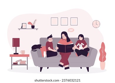 Mother with son and daughter sitting on sofa, family time. Mom reading fairytale story book to little kids. Happy family, motherhood. Living room interior with furniture. flat vector illustration