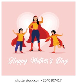 Mother, son, and daughter wearing superhero capes. A mother plays with her children. Mother's Day concept. Flat vector illustration.