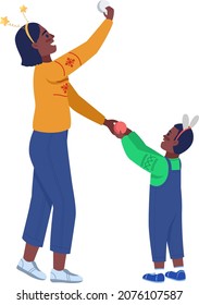 Mother and son decorate for xmas semi flat color vector characters. Standing figures. Full body people on white. Winter isolated modern cartoon style illustration for graphic design and animation