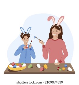 Madre con hijo decoran huevos de Pascua en la cocina. Feliz Pascua. Ilustración vectorial de una familia decorando huevos en casa.