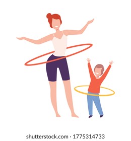 Mother and Son Doing Hula Hoop Rotating Workout Exercise, Mom and Kid Doing Sports Together Flat Style Vector Illustration