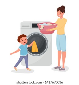 Mother With Son Doing Laundry Characters. Child Helping Mom Doing Domestic Chores Isolated Illustration. Parent With Kid Loading Clothes In Modern Washing Machine Together Flat Vector Drawing