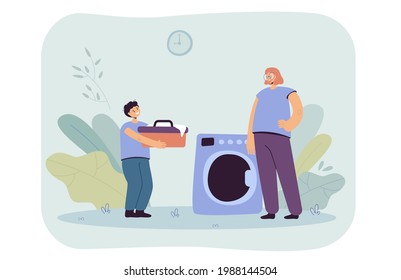 Mother and son doing laundry vector illustration. Female character standing beside washing machine, little boy carrying bowl with clothes. Household concept for banner, website design, landing web