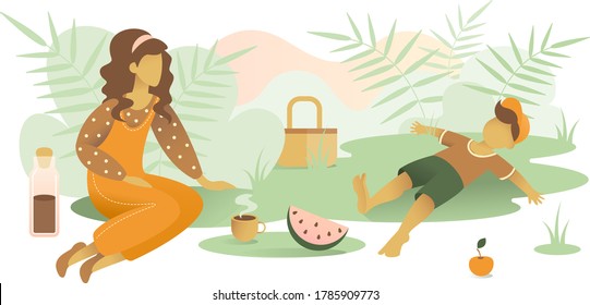 Mother and son doing a picnic in the park. Minimalistic trendy flat illustration in pastel colors. Single mother.