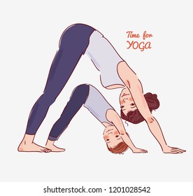 Mother and son doing yoga. Family yoga vector illustration