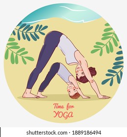 Mother and son doing yoga. Family yoga vector illustration. Summer landscape background