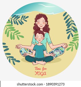 Mother and son doing yoga. Family yoga vector illustration. Summer landscape background