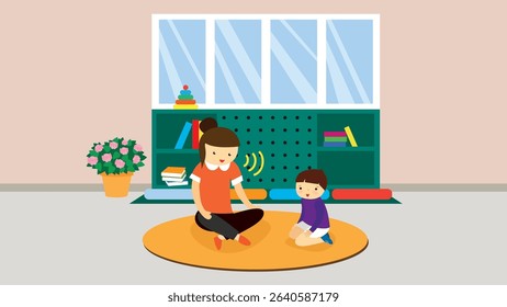 Mother and son doing yoga together in the room. Vector illustration.