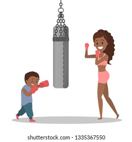 Mother and son dressed in sportswear boxing. Young boxer and his mom. Sport exercise in boxing gloves. Active and healthy lifestyle. Isolated flat vector illustration