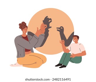 Mother and son enjoy the play of shadows together. Family holiday vector illustration with funny shadow animals. Flat design on isolated background for creative pastime.