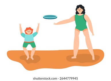 Mother and son enjoying a playful game of frisbee on the beach, with the child leaping into the air, eagerly trying to catch the frisbee thrown by his mother