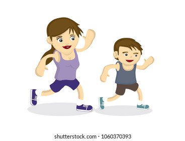 Mother and son exercise together showing the strong bonding between them. Suitable for mother day celebration. Vector cartoon illustration.