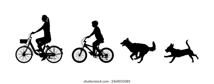 Mother and son family riding bicycle together with dogs running vector illustration.	