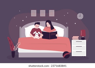 Mother with son, family time. Mom character reading bedtime fairytale story book to little boy in bed for good night sleep. Happy family, motherhood. Bedroom interior with furniture. flat vector