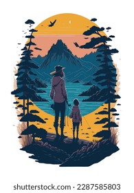 Mother and son fishing on the riverbank at sunset, viewed from behind