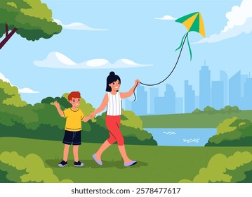 Mother and son flying a kite in a green park with a city skyline in the background under a blue sky. Flat art design. Concept of outdoor family fun. Vector illustration