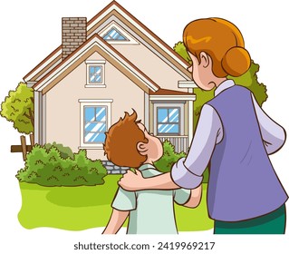 Mother and son in front of their new house. Vector illustration.