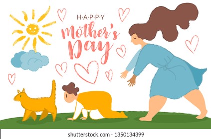 Mother and son. Fun cartoon post card for mother s day with cat, crawling baby and mom with big limbs and noisy texture. Mother s day card, background