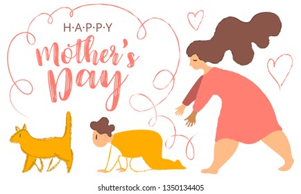 Mother and son. Fun cartoon post card for mother s day with cat, crawling baby and mom with big limbs and noisy texture. Mother s day card, background