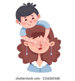 Mother And Son. The Game Guess Who. He Covers His Eyes With His Hands. Child And Parent. Vector Illustration On White Background.