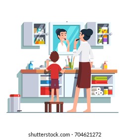 Mother And Son Getting Ready Together. Mom Preening, Doing Makeup Looking In Mirror, Kid Brushing Teeth. Personal Hygiene. Home Bathroom Interior With Vanity Cabinet. Flat Cartoon Vector Illustration.