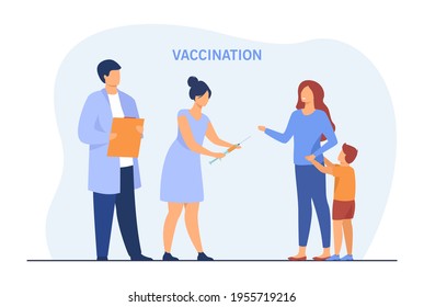 Mother with son getting vaccine in clinic. Syringe, doctor, injection flat vector illustration. Healthcare and vaccination concept for banner, website design or landing web page