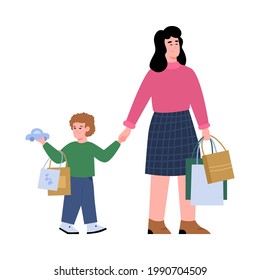 Mother and son going shopping. Woman and child cartoon characters with packs of goods purchased on sale, flat vector illustration isolated on white background.