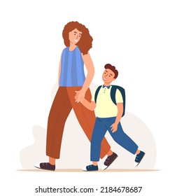 Mother and son going together.Young mom leading boy kid to school,holding by hand.Woman parent support his kid and child with backpack walking.Flat vector illustration isolated on white background