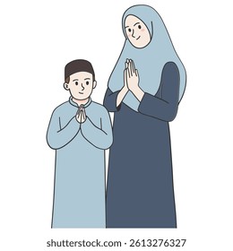 Mother and son greeting eid mubarak