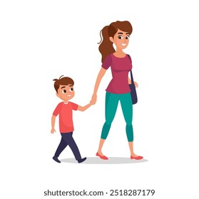 Mother and son happily walking hand in hand. Happy family cartoon characters vector illustration isolated on white background. Colorful design concept for parenting, outdoor lifestyle, school.