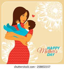 Mother and Son with Happy Mothers Day Congratulation Text. Vector Illustration.  Woman Hugging Baby.