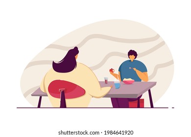 Mother and son having breakfast together. Boy eating apple and porridge, woman drinking coffee flat vector illustration. Family, relationship concept for banner, website design or landing web page