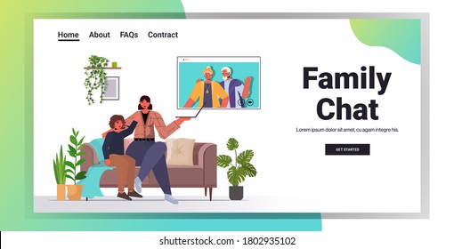 mother and son having virtual meeting with grandparents in web browser window during video call family chat communication concept living room interior horizontal full length vector illustration