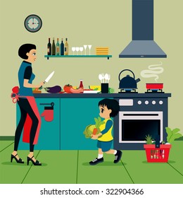Mother and son are helping to cook in the kitchen