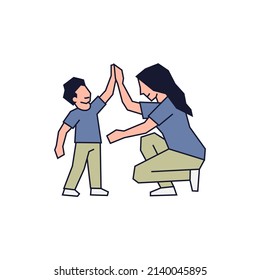 Mother and son high five simple flat outline vector illustration.