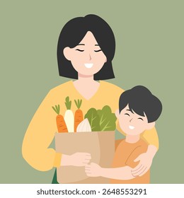 Mother and Son Holding Grocery Bags with Vegetables