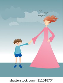 Mother and son holding hands on turquoise background