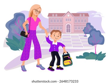 Mother and son are holding hands and walking to school through the park. Family scene, care, parenting. A loving mom and her child with a backpack are talking and smiling. Vector flat illustration. 