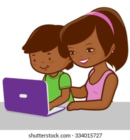 Mother and son at home in front of a computer. Vector illustration