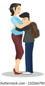 Mother and son hugged on the day of separation on the first day of study abroad. Boy carrying a backpack get ready for school