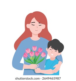 Mother and Son Hugging with Flowers – Mother's Day Vector Illustration
