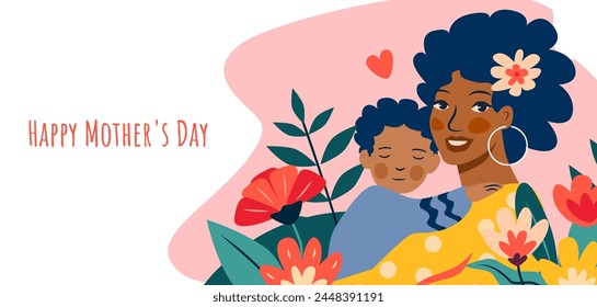 Mother with son illustration on pink background. Design for greeting card, Mother's Day celebration. Family love and care concept.	