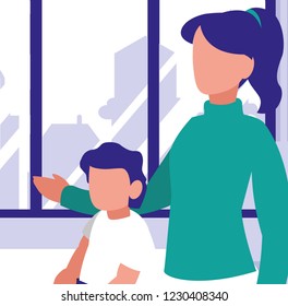 Mother with son inside home design