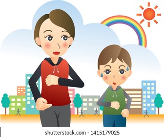 Mother and son jogging in the city street