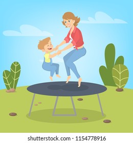 Mother and son jumping on trampoline. Summer activity. Happy family have fun. Vector illustration in cartoon style