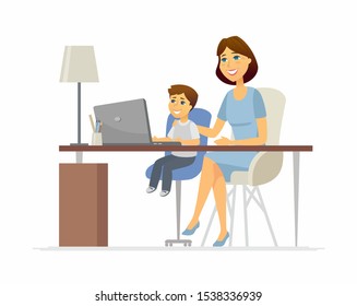 Mother and son at the laptop - cartoon people characters illustration on white background. Young parent helping her kid to do homework, learn computer science. Boy sitting at the desk. Family concept