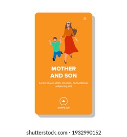 Mother And Son Late And Run To Kindergarten Vector. Mother And Son Running Together. Characters Attractive Woman Mom And Kid Boy Have Funny Time Together Web Flat Cartoon Illustration