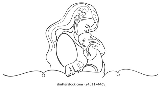 Mother and son line art vector illustration, mothers day celebration background