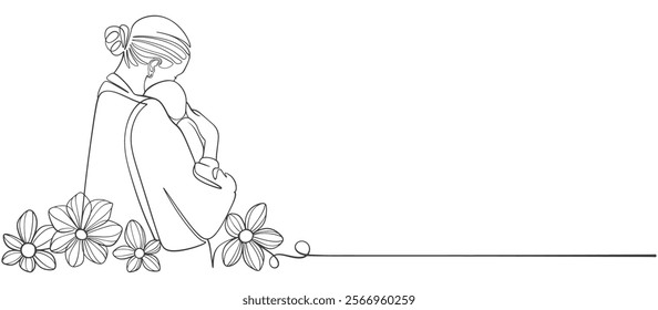 Mother and son line art vector illustration, mothers day celebration background